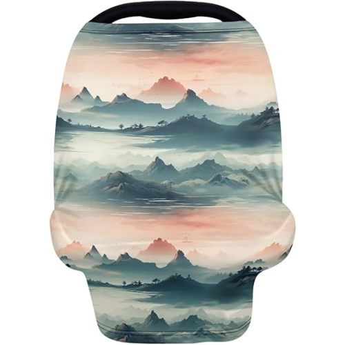 Mountain Babies Multi-Use Nursing Cover, Chinoiserie Ink Wash Infant Car Seat Canopy Cover, Turquoise Newborn Essentials Car Seat Covers