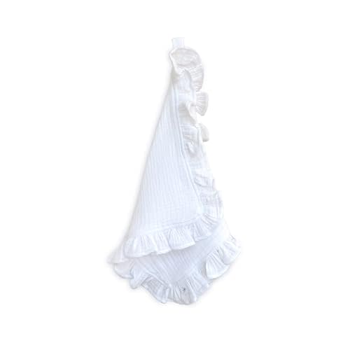 Ryan & Rose Cutie Lovey - Soft 100% Organic Cotton Muslin with Attachable Snap Closure - Baby Lovey Security Blanket (Ruffle White)