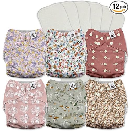 Mama Koala 3.0 Pocket Cloth Diapers for Babies with AWJ Lining, 6 Pack with 6 5-Layer Natural Cloth Diaper Inserts - Reusable and Washable Pocket Diapers(A-Wild Flowers)