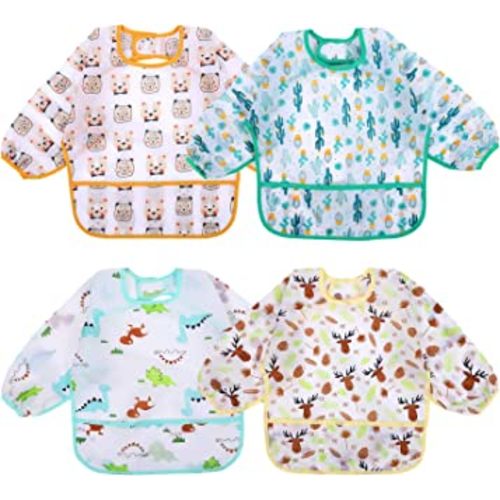 Accmor 4 Pack Long Sleeve Baby Bibs, Waterproof Sleeved Bib, Toddler Soft Bib for 6-24 Months