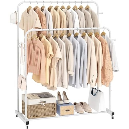 Laiensia Double Rods Garment Rack with Wheels, Clothing Rack for Hanging Clothes,4 Hooks, Multi-functional Bedroom Clothes Rack, White