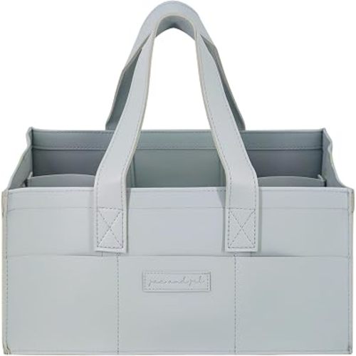 Premium Vegan Leather Baby Diaper Caddy Organizer – Portable Storage Basket for Newborn Essentials, Changing Table, Nursery, Car & Travel, Gifts for Baby Shower (Pastel Seafoam)