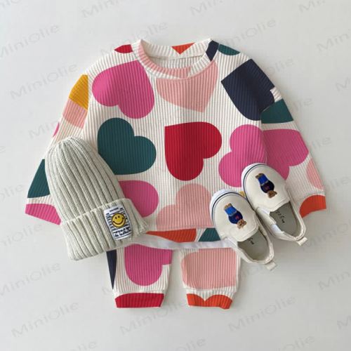 Baby Toddler Colorful Hearts Waffle 2-piece Beige Set