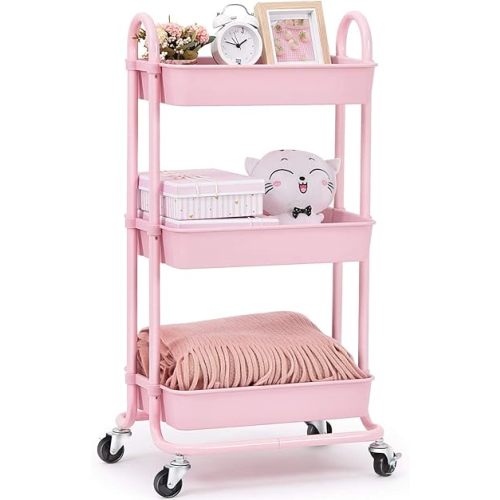 TOOLF Utility Cart, 3 Tier Rolling Storage Cart with Wheels, Storage Organizer for Lash Makeup Diaper Baby Nursery, Serving Baskets Trolley for Home, Office, Kitchen, Bathroom (Pink)