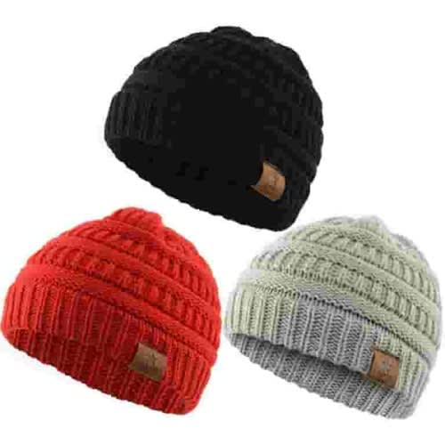 American Trends Warm Baby Knit Hat Cute Cozy Chunky Winter Cap Infant Toddler Baby Beanies for Boys Girls 3 Pack Black & Light Grey & Red
