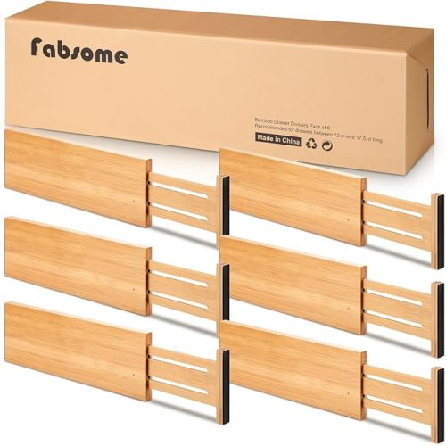 Fabsome Dresser Drawer Organizers 6 Pack, 4.65'' High Adjustable from 12.5-17‘’ Bamboo Drawer Dividers for Clothing Baby Clothes, Wooden Separators for Dresser Nursery Organization with Soft Foam Ends