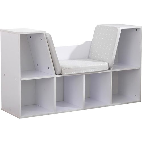 KidKraft Wooden Bookcase with Reading Nook, Storage and Gray Cushion, White