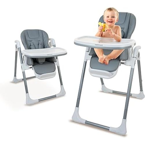 Baby High Chair, High Chairs for Babies and Toddlers, Adjustable, Foldable and Portable High Chair, Removable PU Leather and Tray for Easy Clean, Travel Feeding Chair, Gray
