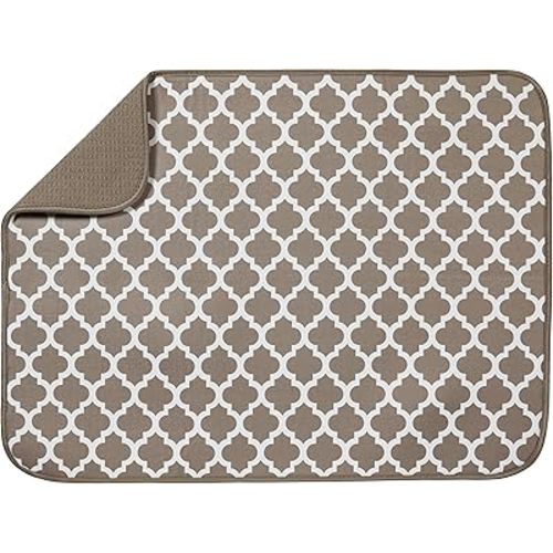 S&T INC. Dish Drying Mat XL, Highly Absorbent Microfiber Kitchen Counter Mat, Dish Drying Pad for Dishes, Utensils, Pots and Pans, Extra Large 18" x 24", Taupe Trellis