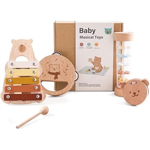 IEATFO Baby Musical Instruments - Your Child's First Musical Toys with Castanet Rainmaker Tambourine Xylophone - Baby Friendly Design Wooden Instruments Set Grow with Your Boys and Girls