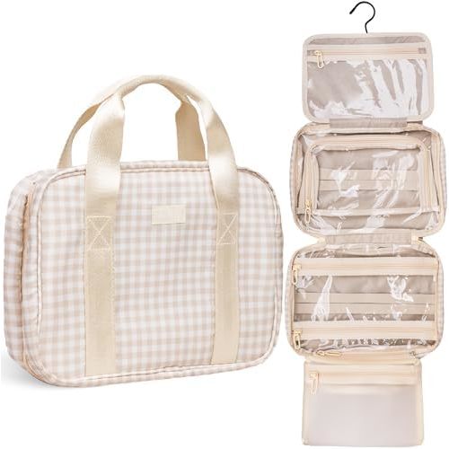 Hospital Toiletry Organizer for Women, Water Resistant Large Travel Cosmetic Bag for Full Size Makeup, Toiletries, Lotion, Shampoo, Accessories (Beige Gingham)