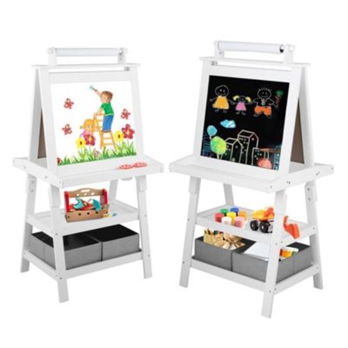 Kinder King 3 in 1 Kids Art Easel w/Storage Double-Sided Magnetic Whiteboard & Chalkboard Dry-Erase Board w/Paper Roller White