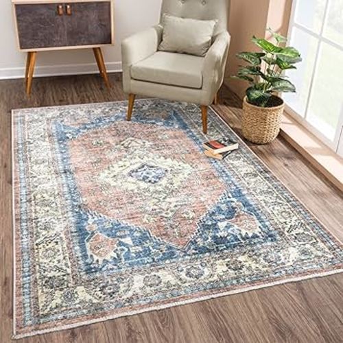 Bloom Rugs Caria Washable Non-Slip 4x6 Rug - Coral Pink/Ocean Blue Traditional Area Rug for Living Room, Bedroom, Dining Room, and Kitchen - Exact size: 4' x 6'