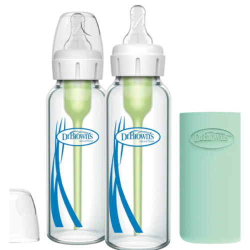 Dr. Brown's Natural Flow Anti-Colic Options+ Narrow Glass Baby Bottle with Silicone Sleeve, 2-Pack