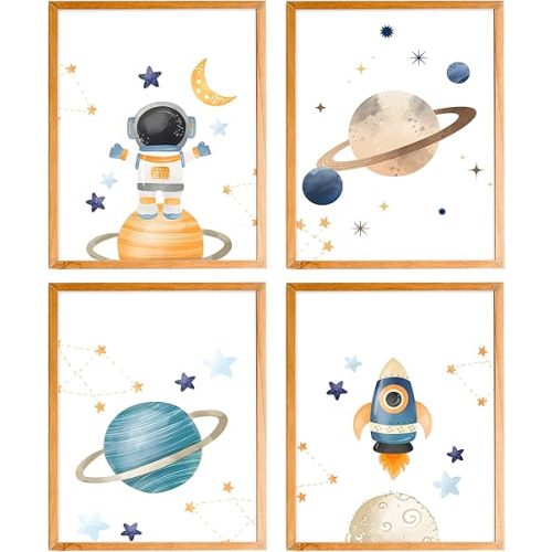 BearCake Space Wall Decor, Space Decor for Boys Room, Solar System Spaceman Outer Poster Prints Wall Art Decor for Classroom,Toddler Boy Room Decor, 8x10 Inches Set of 4 Unframed