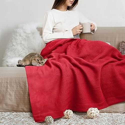 THREAD SPREAD Organic GOTS Certified Cotton Blanket, Twin/Twin XL - 350 GSM, Antistatic, Fuzzy Soft, Lightweight, Sofa, Camping & Travel, All-Season Herringbone Throw, Red + Stylish Bonus Tote Bag