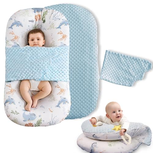 BRUNEES Baby Lounger, Baby lounger Pillow, 2 Sides Soft & Breathable 100% Cotton Cover, 0-24 Months Portable Infant Nest, Large Newborn Pillow, New Born Essentials must haves (Blue)