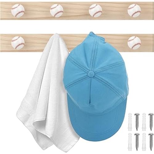 Leinuosen 2 Pcs Baseball Coat Hooks Wall Mounted Wooden Baseball Hat Rack Vintage Key Holder Sports Theme Wall Decor for Towels Bags Hats Keys Coats