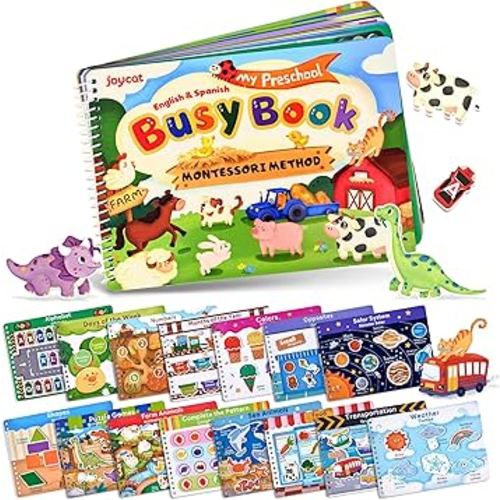 JoyCat Preschool Busy Book for Toddlers 3-5, Dual-Language Learning Activities, Educational Sensory Toys, Autism Learning Materials for Boys & Girls, English and Spanish Version