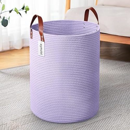 80L Large Rope Basket, Woven Rope Storage with Leather Handles, Dog Toy Storage Basket, Bedroom, Nursery Blanket Storage, Bathroom Laundry Hamper, 16“x20” Tall Basket (Purple)