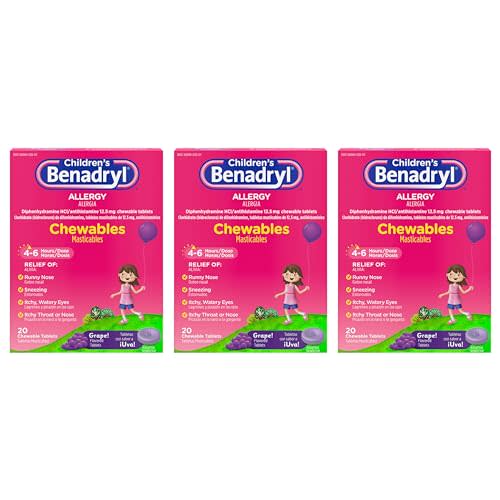 Benadryl Children's Allergy Chewables with Diphenhydramine HCl, Antihistamine Chewable Tablets in Grape Flavor, Three Pack, 3 x 20 ct Each, 60 ct