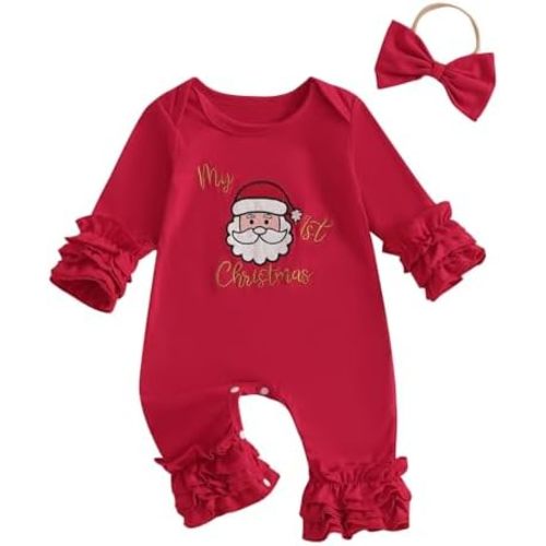Sasaerucure Newborn Baby Girl Christmas Jumpsuit Romper with Headband Infant Girl Christmas Outfits