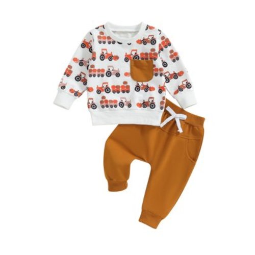 SANSIWU Toddler Baby Boys Autumn Outfits Tractor Print Pocket Long Sleeve Tops+Drawstring Pants Set