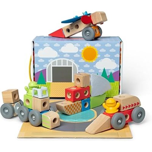 Melissa & Doug Blockables™ Vehicles Snap and Play, Mix and Match Connectable Wooden Building Blocks Play Set Toy for Preschool Boys and Girls (54 Pcs)