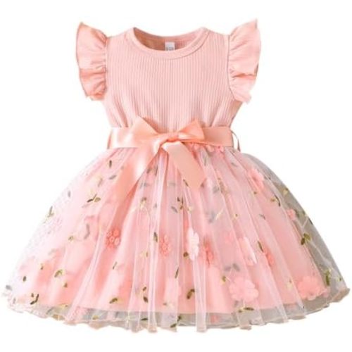 Toddler Baby Girls Tulle Tutu Dress Ruffle Sleeve Fluffy Dresses Cute Summer Sundress for Party Beach Casual