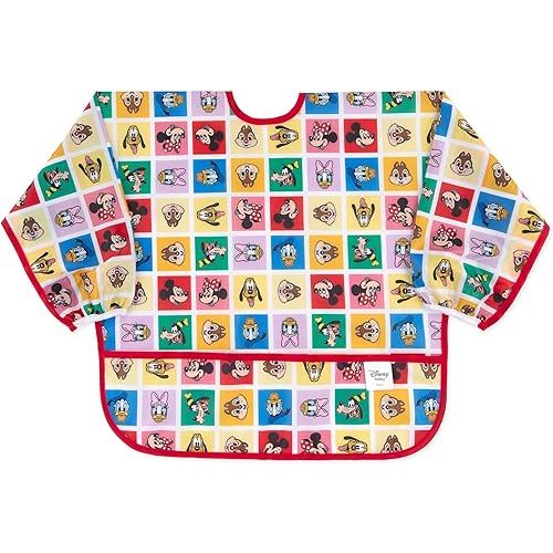 Bumkins Disney Sleeved Bib for Girl or Boy, Baby and Toddler for 6-24 Mos, Essential Must Have for Eating, Feeding, Baby Led Weaning Supplies, Long Sleeve Mess Saving, Mickey and Friends Check Mates