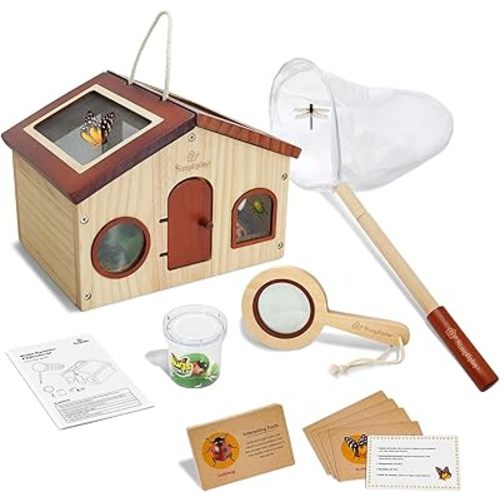 Kids Bug Catching Kit, 6-in-1 Nature Discovery Kit with Breathable Wooden Critter Habitat House, 15 Insert Cards, Magnifying Glass, Butterfly Net, Summer Outside Toys, Gift for Boys & Girls