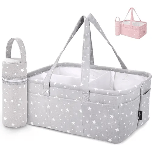 Baby Diaper Caddy Organizer - Baby Shower Basket | Large Nursery Storage Bin for Changing Table | Car Travel Tote Bag | Newborn Registry Must Have | Bonus Bottle Cooler | Gray