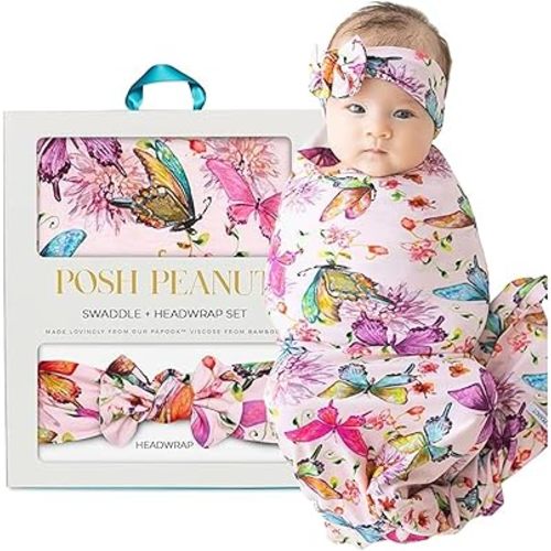 Posh Peanut Swaddle Blanket & Headband Set – Viscose from Bamboo Stretchy Baby Swaddle for Newborn Girls, Receiving Blanket or Nursing Cover (Watercolor Butterfly)