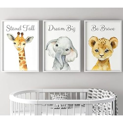 Baby Safari Animals for Girl or Boy Nursery Bedroom, Set of 3 Unframed Wall Art Prints, Jungle Portrait Quote Posters, Nursery Decor Gift, Giraffe Elephant Lion, Stand Tall Dream Big Be Brave (11x14)