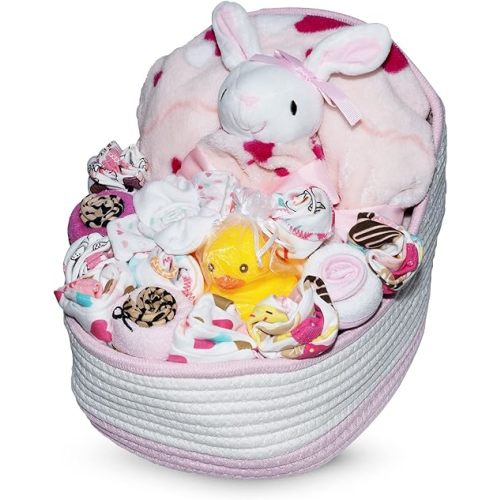 Bassinet New Baby Girl Gift Set | Newborn Gift Basket Hamper for Baby Shower & Gender Reveal | Baby Essentials for Expecting Moms & Parents | 17-Piece Baby Layette Set | Pink - Nikki's Gift Baskets