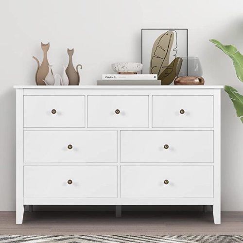 LTMEUTY White Dresser for Bedroom - Modern Bedroom Dresser with 7 Drawers, Wooden Horizontal Dresser, Chest of Dresser