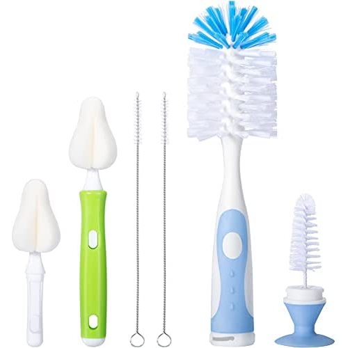 CAREBABYMORE Baby Bottle Brush with One Base Hidden Nylon Nipple Cleaner, 2 Pcs Sponge Nipple Brushes, 2 Pcs Straw Brushes, Bottle Brush with Nipple Cleaner and Suction Cup, Blue