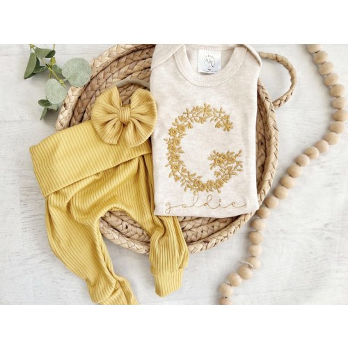 Personalized Golden yellow newborn outfit,custom name girl, coming home outfit for baby girl, baby girl outfit hospital outfit girl bodysuit