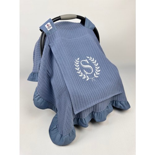 Car Seat Canopy Cover Baby Girl and Boy in Indigo Blue Pique Fabric with Peekaboo Window, 100% Organic Cotton Personalized Carseat Cover