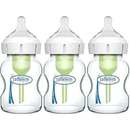 Dr. Brown's Natural Flow Anti-Colic Options+ Wide-Neck Glass Baby Bottles 5 oz/150 mL, with Level 1 Slow Flow Nipple, 3 Pack, 0m+