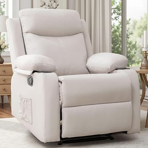 Recliner Chair, Small Recliners for Small Spaces, Reclining Chair, Manual Recliner with Cup Holders and Side Pockets, Chairs for Living Room, Bedroom, Nursery, Beige