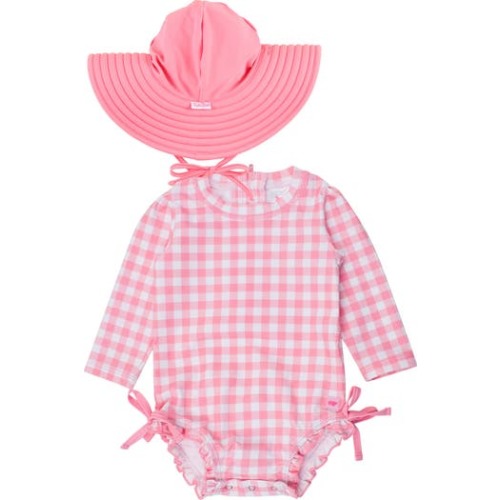 Bubblegum Gingham Long Sleeve One-Piece Rashguard Swimsuit & Hat Set, 6-12M