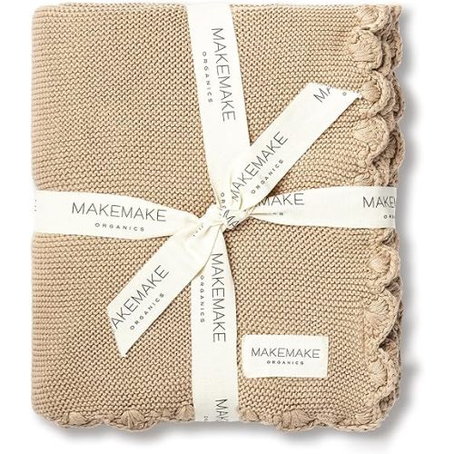 MakeMake Organics GOTS Certified Organic Cotton Baby Blanket - Newborn Modern Knit, Breathable Unisex Stroller Blanket for Boys and Girls (30x40, Sand)