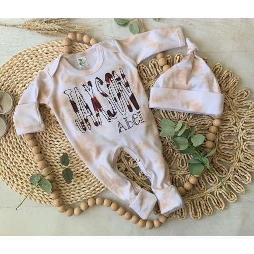 Personalized neutral baby romper and hat set, custom infant boy coming home outfit, baby shower gift, sleeper with footies, cow print cafe