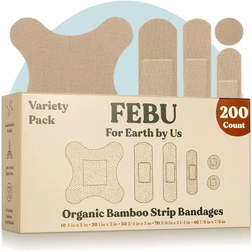 FEBU Eco-Friendly Organic Bamboo Fabric Bandages for Sensitive Skin | PFAS Free Bandages for Scrapes & Cuts | Flexible Latex Free Bandages | Compostable | 200 Count Bulk Variety Pack