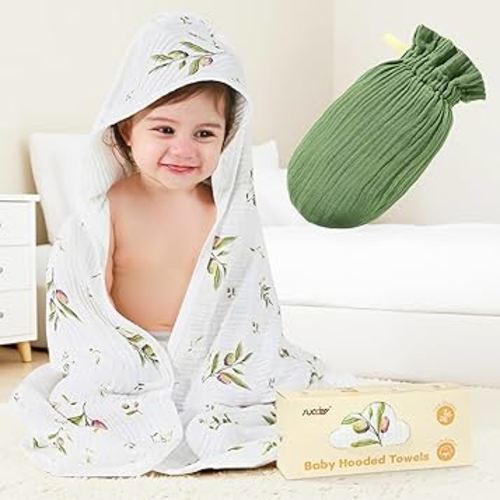 SUOSDEY Muslin Hooded Baby Towels for Newborn Infant Toddler, 70% Viscose from Bamboo 30% Cotton,Soft Baby Bath Towel with Hood Highly Absorbent and Newborn Essential,28 X 28 Inch