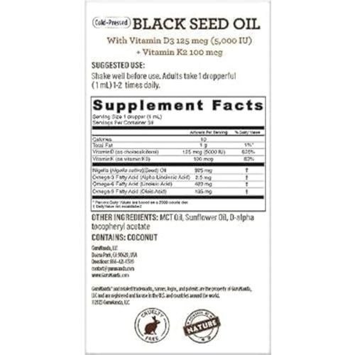 GuruNanda Black Seed Oil, Cold-Pressed Nigella Sativa - Rich in Vitamin D3 5000 Units, K2 & E, High Thymoquinone | Potent Antioxidant for Immune Support, Non-GMO, 2 Fl.oz