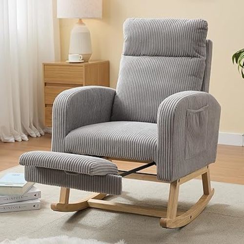 NIOIIKIT Nursery Rocking Chair, Corduroy Upholstered Rocking Chair with Adjustable Footrest, Tufted Rocker Chair with Side Pocket, Glider Rocker for Living Room, Bedroom (Grey Modern)