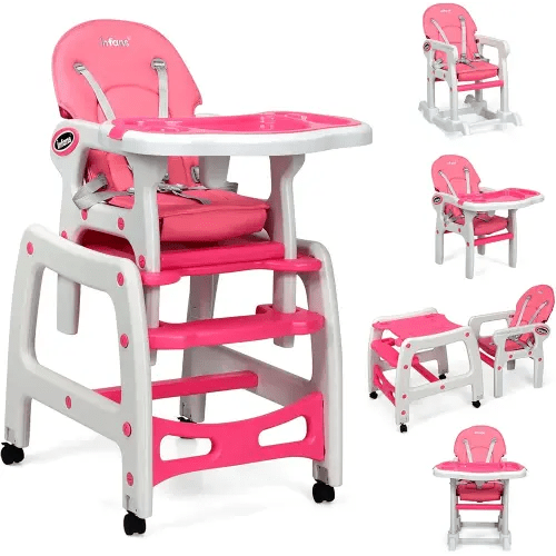 INFANS 5 in 1 Baby High Chair, Convertible Toddler Table Chair Set, Rocking Chair, Multi-Function Seat with Lockable Universal Wheels, Adjustable Seat Back, Removable Trays