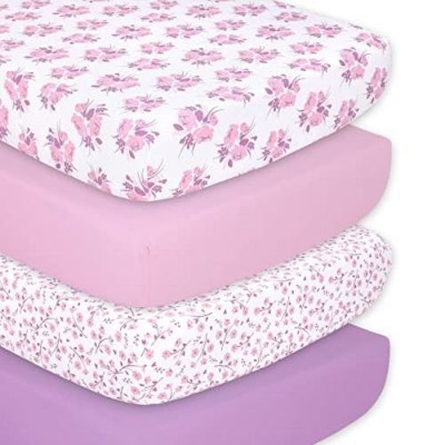 The Peanutshell Purple Floral 4-pack Crib Fitted Sheet Set In Purple/pink/white